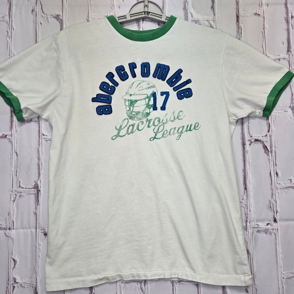 VTG Abercrombie Ringer Shirt White Green Lacrosse League Graphic Mens S Youth XL